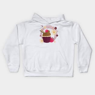 Retro Chocolate Cupcake, Strawberries and flowers Kids Hoodie